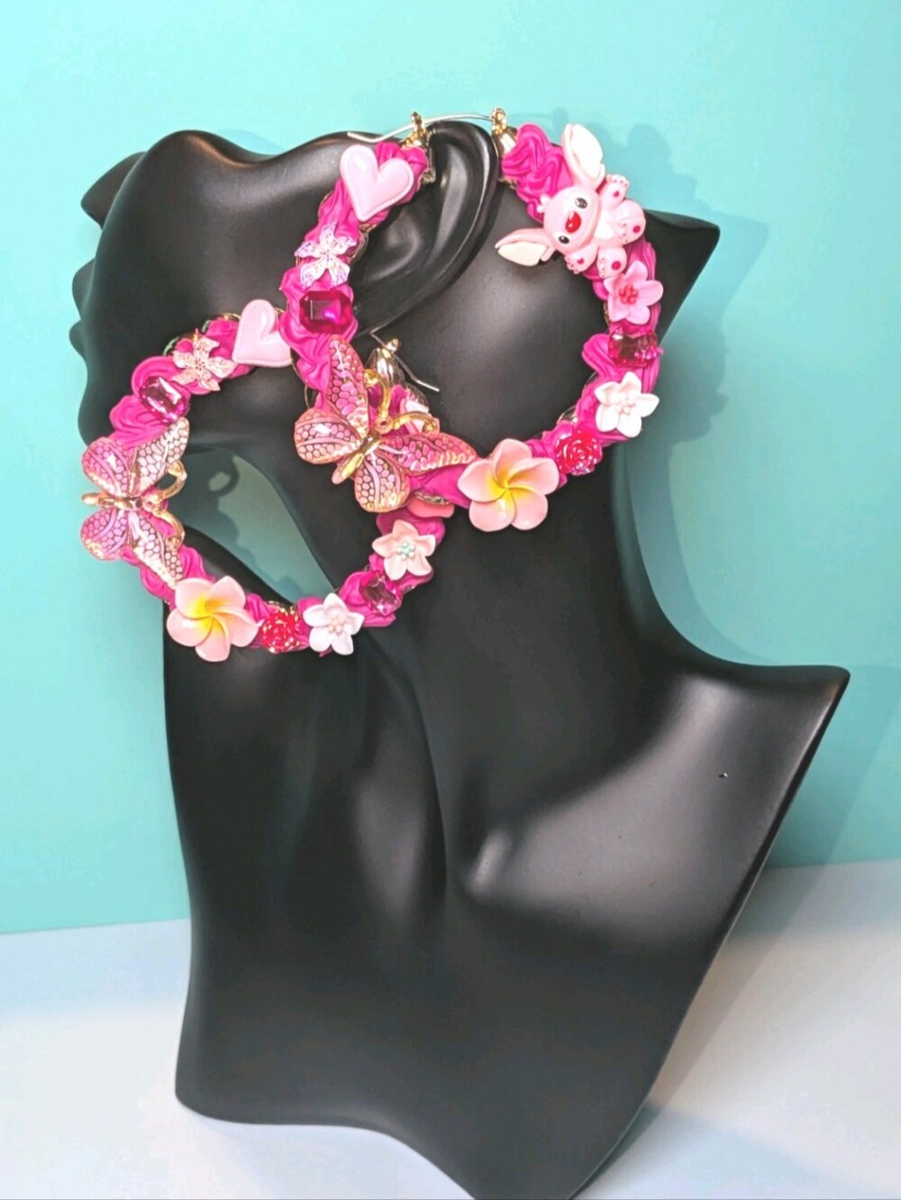 Hand Crafted Decoden Hot Pink Floral & Butterfly Statement Xl Hoop Earrings